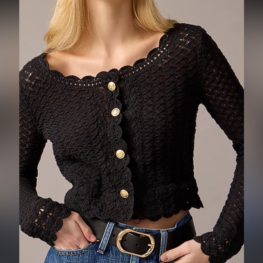J. Crew Crochet cropped cardigan sweater Medium Black NWT